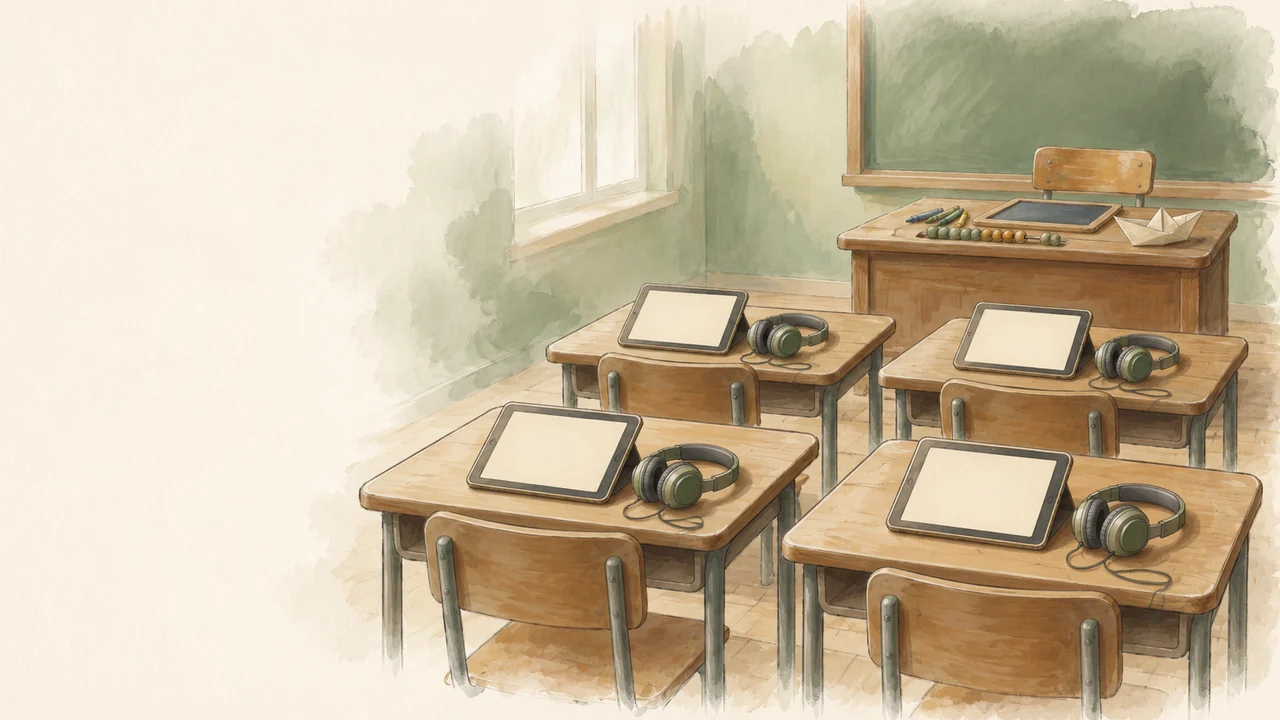 Quatre bureaux équipés de tablettes et de casques dans une classe vide.