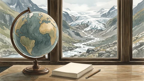 Un globe terrestre et un cahier devant une fenêtre ouverte sur des montagnes.