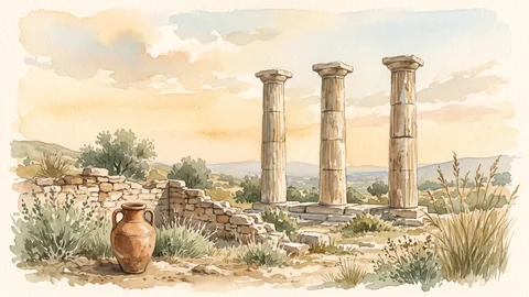 Des colonnes antiques et une amphore au milieu de ruines, au coucher du soleil.
