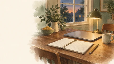 Un carnet ouvert et un ordinateur portable fermé sur un bureau, le soir, près d’une lampe.