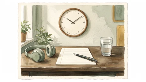 Une horloge au mur, une copie, un stylo, un casque et un verre d’eau sur un bureau.