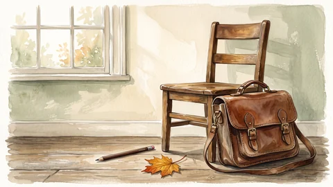 Un cartable en cuir posé contre une chaise d’école, avec une feuille d’automne.