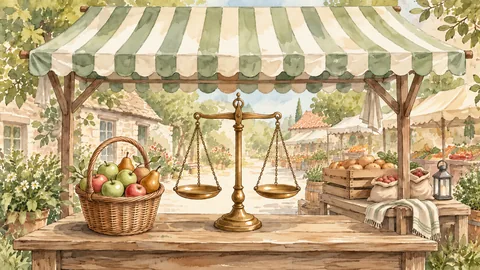 Une balance de marché, un panier de fruits et un auvent rayé.