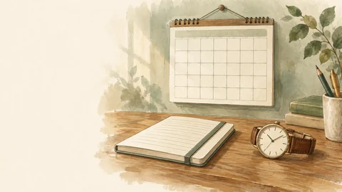 Un calendrier mural, un carnet fermé et une montre sur un bureau.