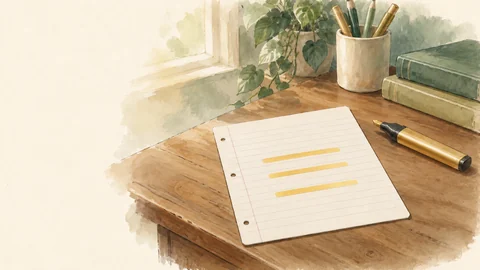 Une feuille lignée avec des lignes surlignées, près d’un surligneur.