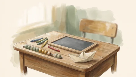Une petite ardoise, des craies de couleur, un boulier et un bateau en papier sur un pupitre.