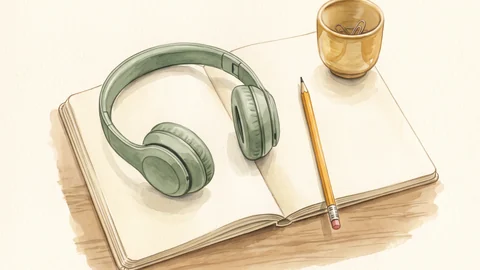 Un bureau vu de dessus : un cahier ouvert, un casque audio, un crayon et une tasse.