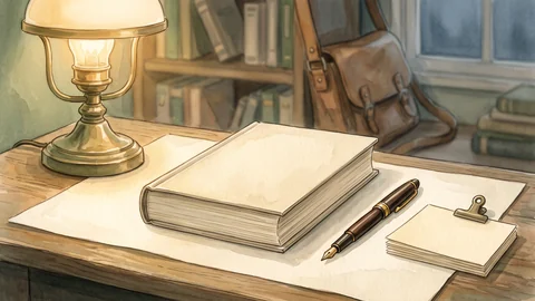 Un gros livre, un stylo plume et une lampe de bureau allumée devant une bibliothèque.