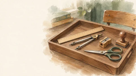 Un plateau en bois avec une règle, un compas, des ciseaux, un taille-crayon et un tampon.