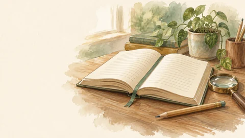 Un livre ouvert avec un marque-page, une loupe et un crayon.