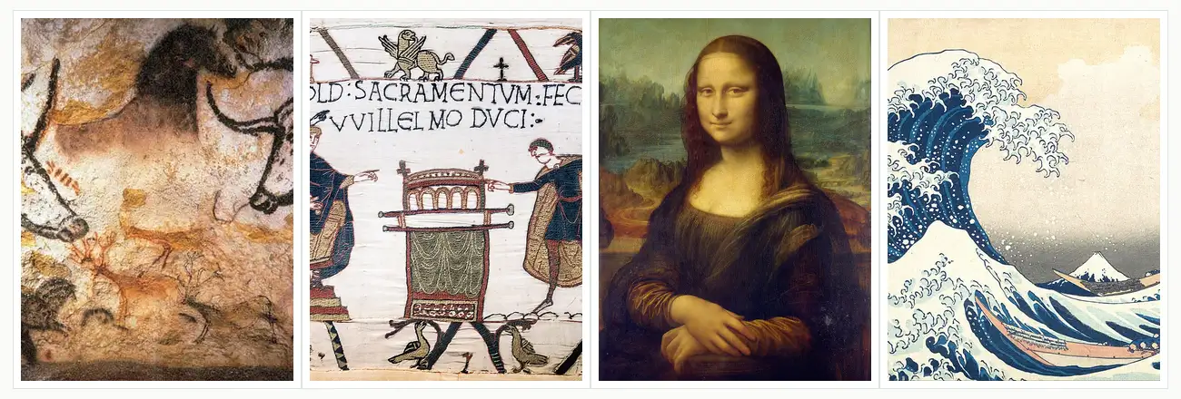 Quatre œuvres étudiées dans ces dictées : les peintures de Lascaux, la tapisserie de Bayeux, La Joconde et La Grande Vague de Kanagawa.