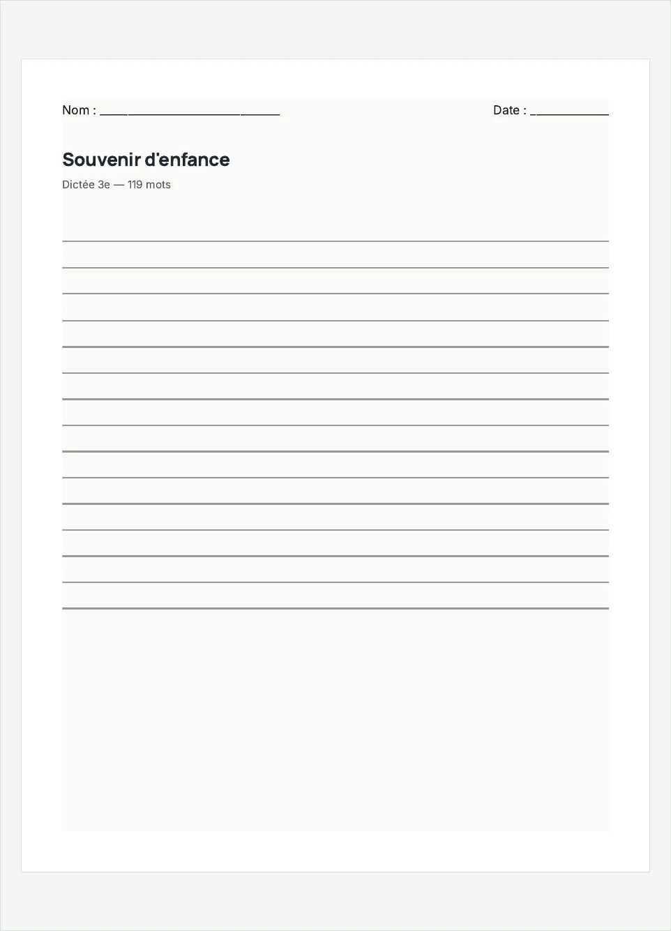Aperçu de la fiche à imprimer « Souvenir d'enfance », niveau 3e.