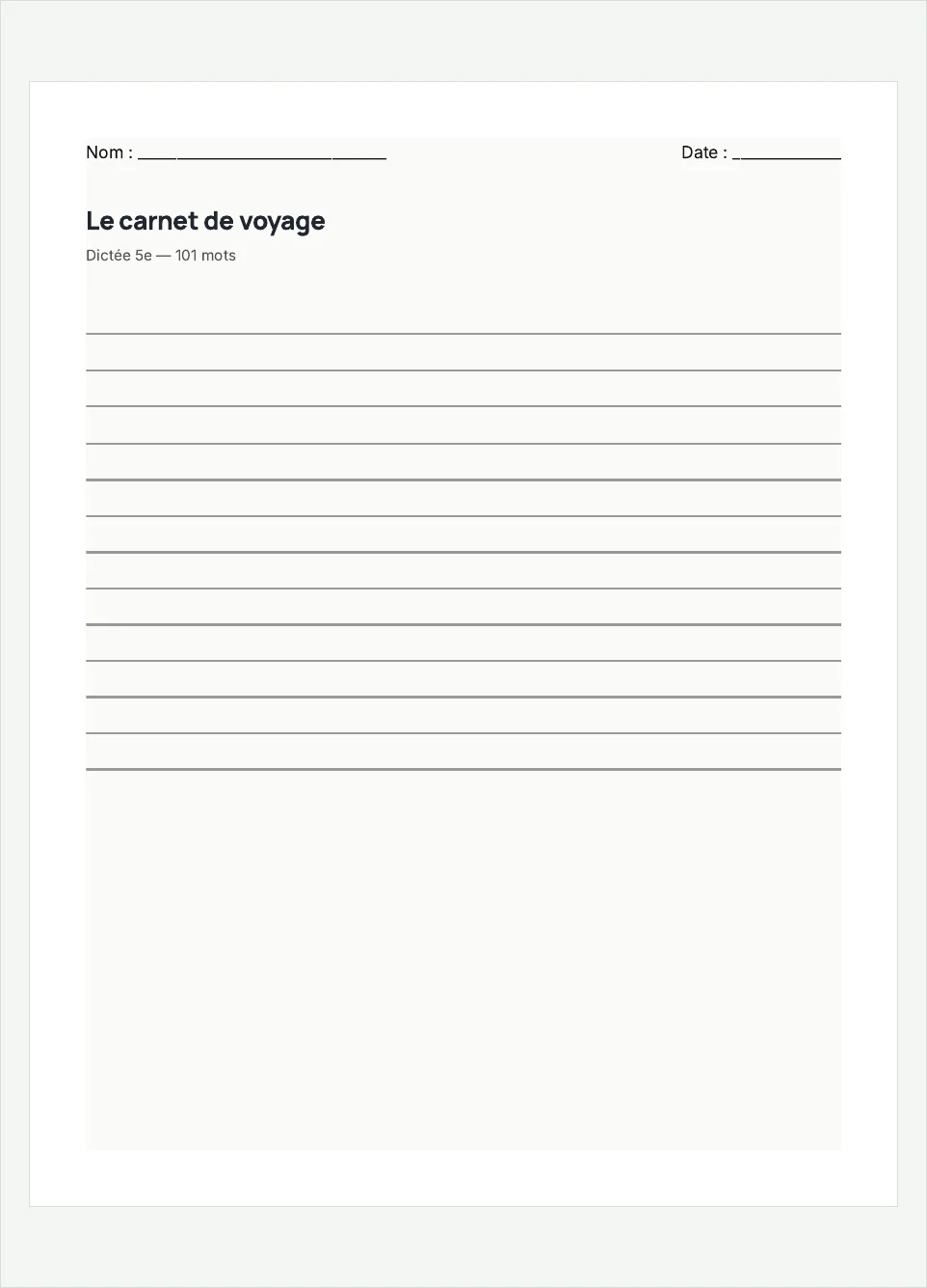 Aperçu de la fiche à imprimer « Le carnet de voyage », niveau 5e.