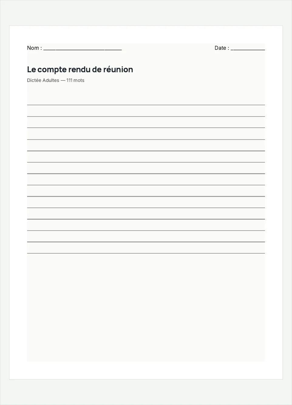 Aperçu de la fiche à imprimer « Le compte rendu de réunion », niveau Adultes.