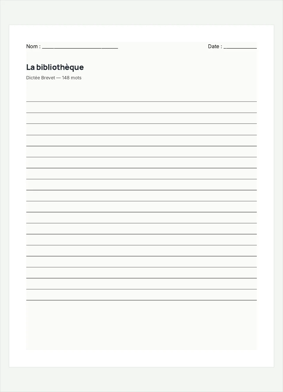 Aperçu de la fiche à imprimer « La bibliothèque », niveau Brevet.