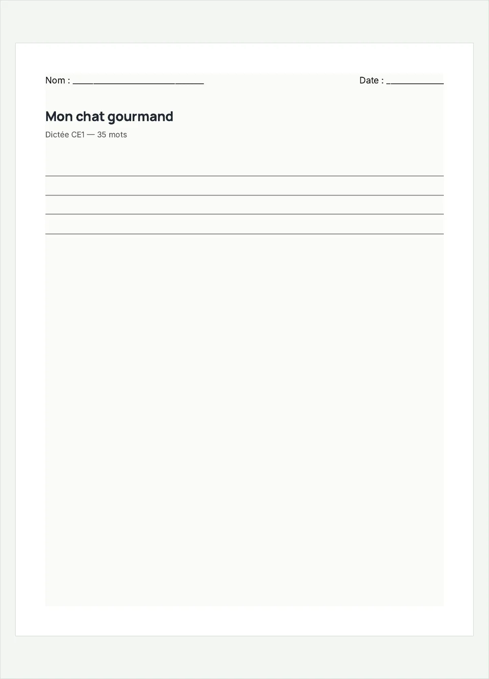 Aperçu de la fiche à imprimer « Mon chat gourmand », niveau CE1.