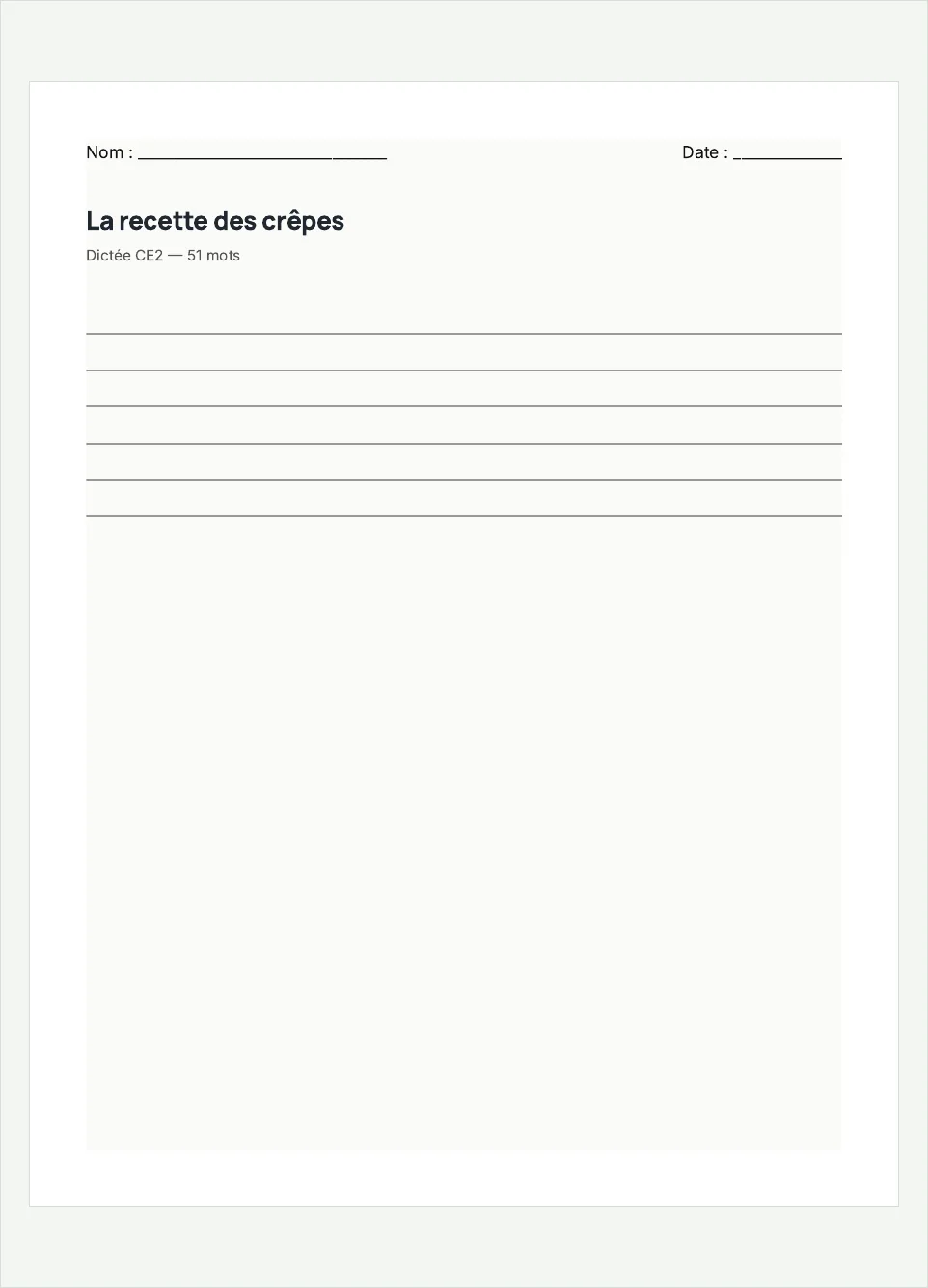 Aperçu de la fiche à imprimer « La recette des crêpes », niveau CE2.