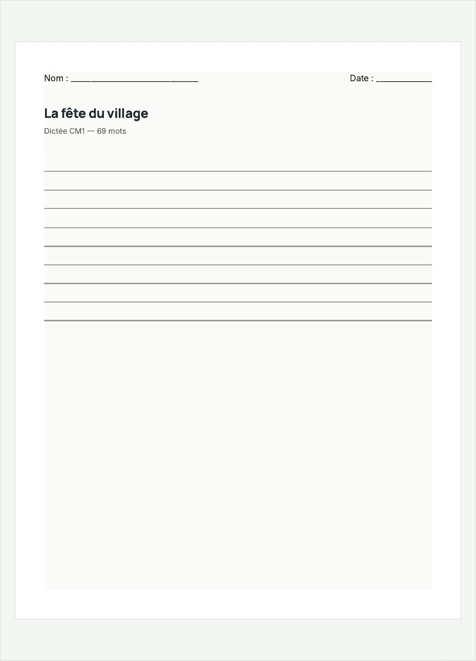 Aperçu de la fiche à imprimer « La fête du village », niveau CM1.