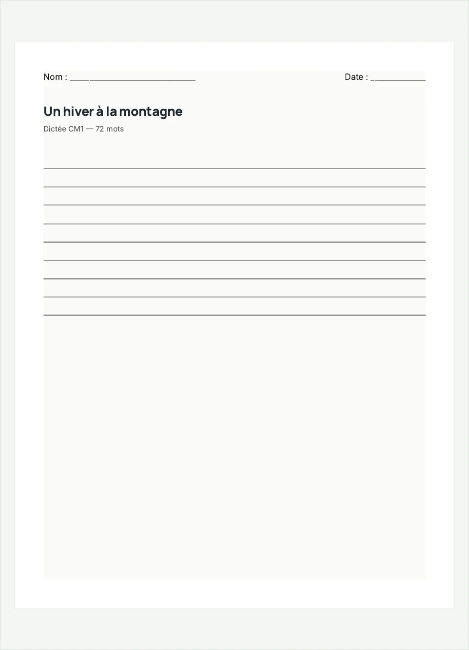 Aperçu de la fiche à imprimer « Un hiver à la montagne », niveau CM1.