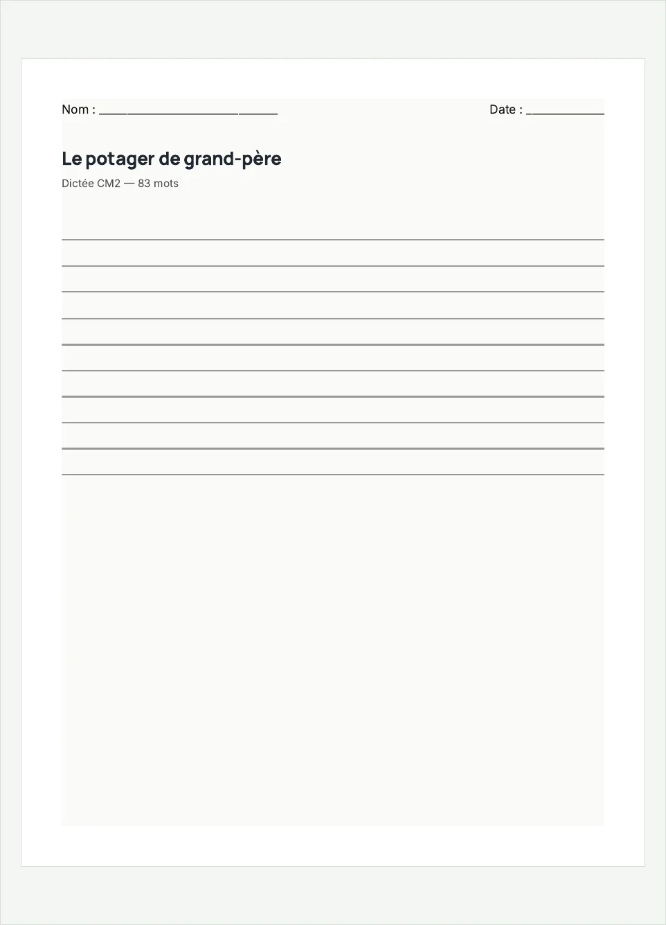 Aperçu de la fiche à imprimer « Le potager de grand-père », niveau CM2.