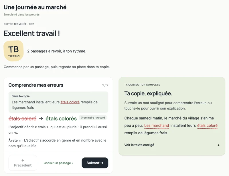 Fiche de résultat avec deux erreurs d’accord repérées dans la copie et une explication détaillée.