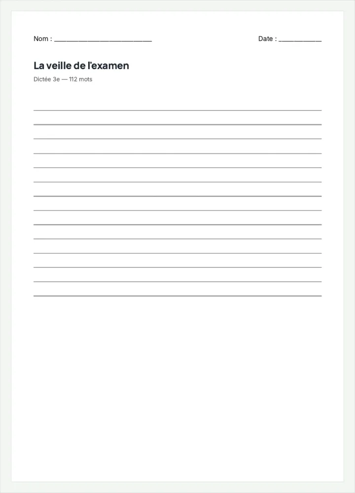 Aperçu de la fiche « La veille de l'examen », avec les lignes pour écrire.