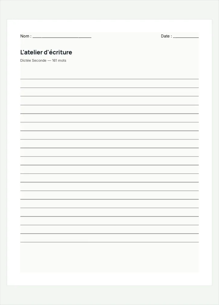 Aperçu de la fiche « L'atelier d'écriture », avec les lignes pour écrire.