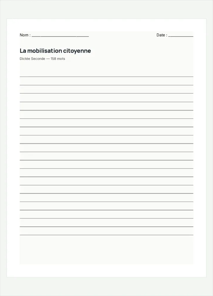 Aperçu de la fiche « La mobilisation citoyenne », avec les lignes pour écrire.