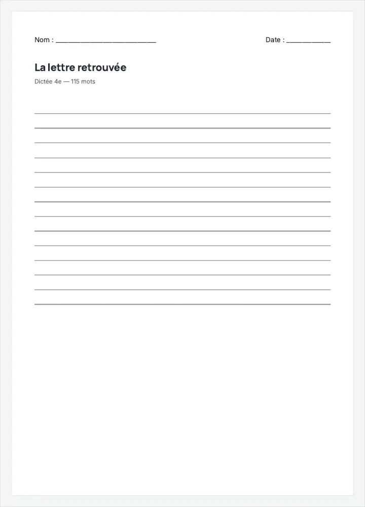 Aperçu de la fiche « La lettre retrouvée », avec les lignes pour écrire.