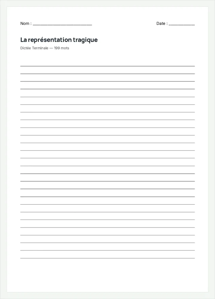 Aperçu de la fiche « La représentation tragique », avec les lignes pour écrire.