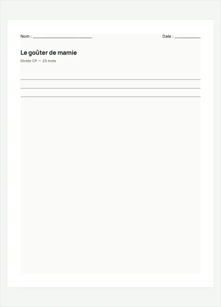 Aperçu de la fiche « Le goûter de mamie », avec les lignes pour écrire.