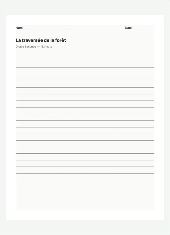 Aperçu de la fiche « La traversée de la forêt », avec les lignes pour écrire.