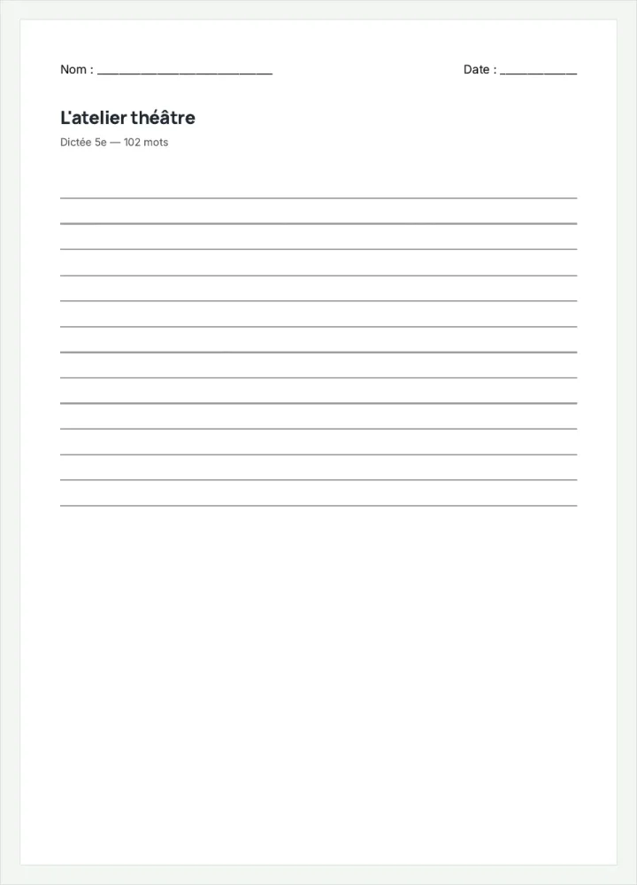 Aperçu de la fiche « L'atelier théâtre », avec les lignes pour écrire.