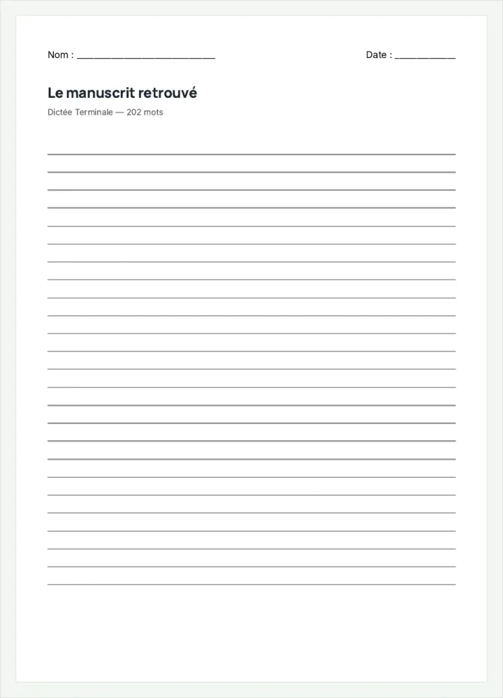 Aperçu de la fiche « Le manuscrit retrouvé », avec les lignes pour écrire.