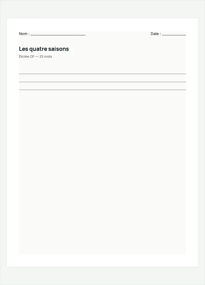 Aperçu de la fiche « Les quatre saisons », avec les lignes pour écrire.