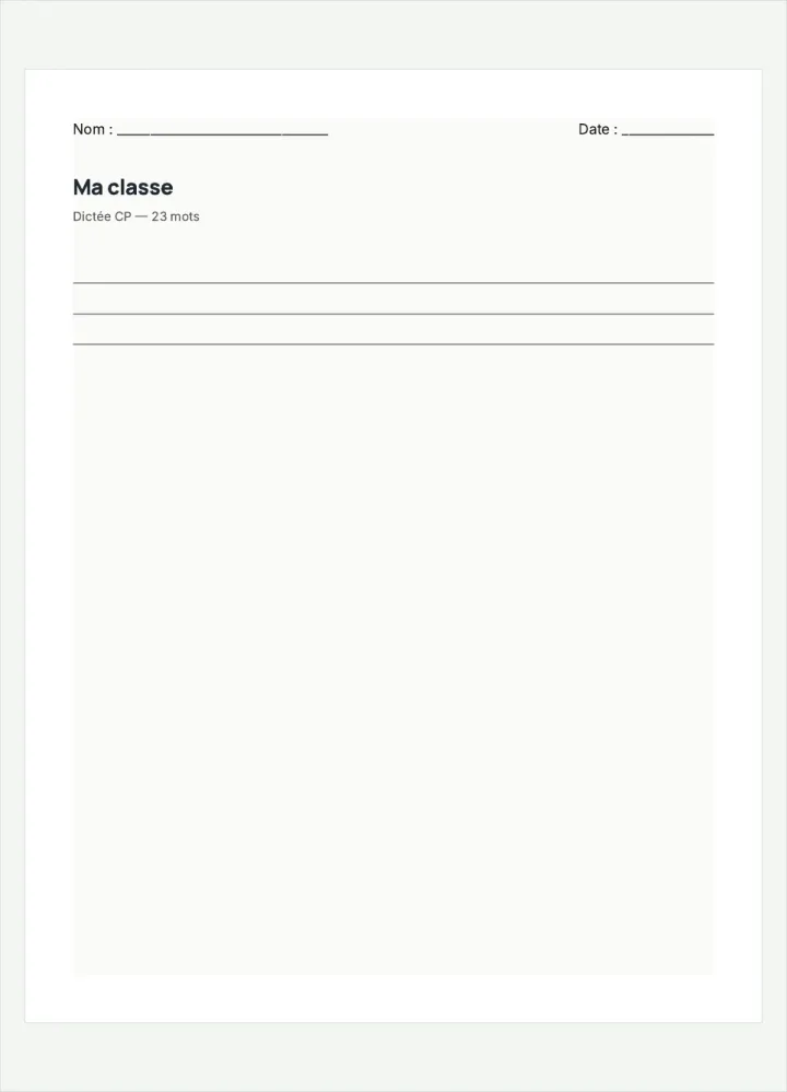 Aperçu de la fiche « Ma classe », avec les lignes pour écrire.