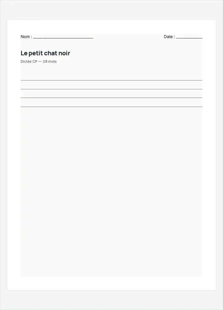 Aperçu de la fiche « Le petit chat noir », avec les lignes pour écrire.