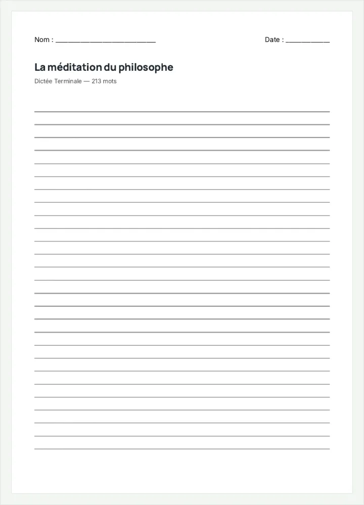 Aperçu de la fiche « La méditation du philosophe », avec les lignes pour écrire.
