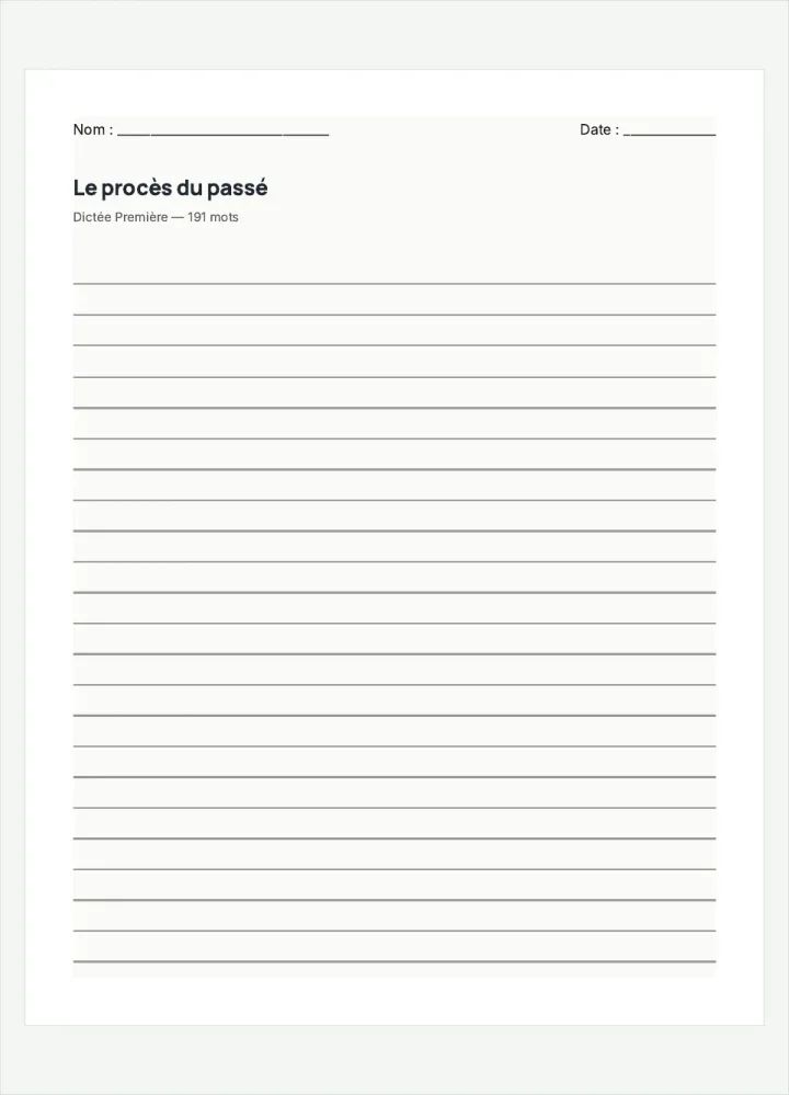 Aperçu de la fiche « Le procès du passé », avec les lignes pour écrire.