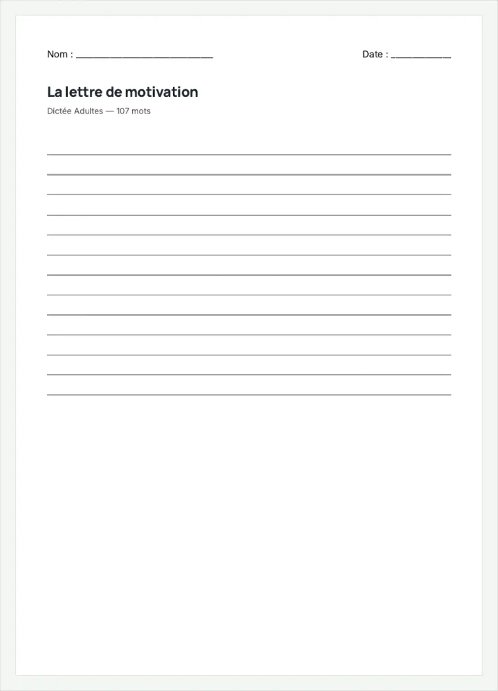 Aperçu de la fiche « La lettre de motivation », avec les lignes pour écrire.