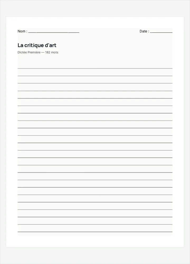 Aperçu de la fiche « La critique d'art », avec les lignes pour écrire.