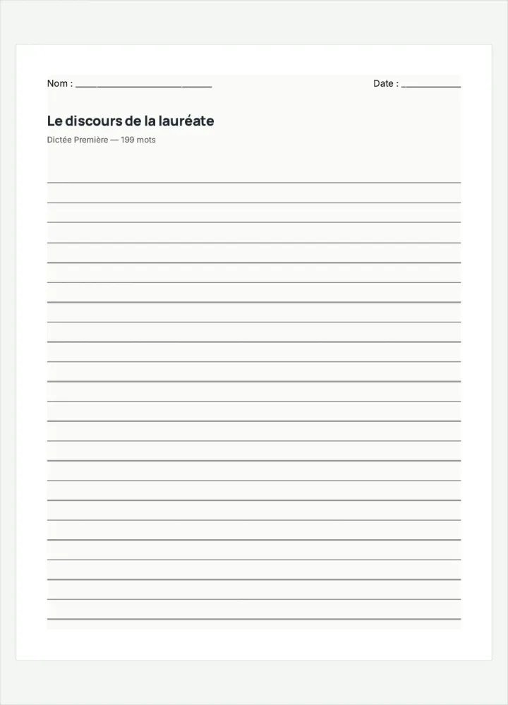 Aperçu de la fiche « Le discours de la lauréate », avec les lignes pour écrire.